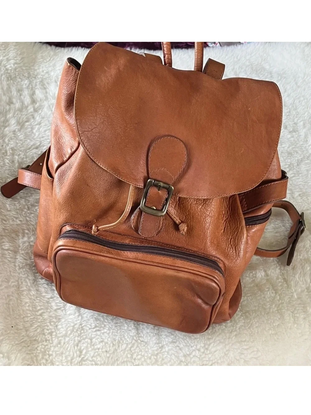 Cognac Brown Leather Backpack with Flap front & drawstring top